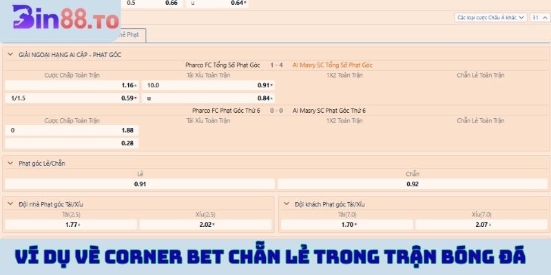 Ví dụ về corner bet chẵn lẻ trong trận bóng đá hôm nay